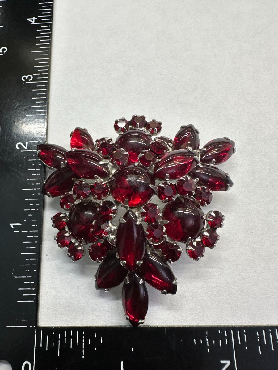 Flower Red Navette Rhinestone JULIANA Vintage Pin Brooch Silver J