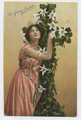 Junge Dame auf großem Blumenkruzifix Vintage Ostern Gruß Postkarte D2
