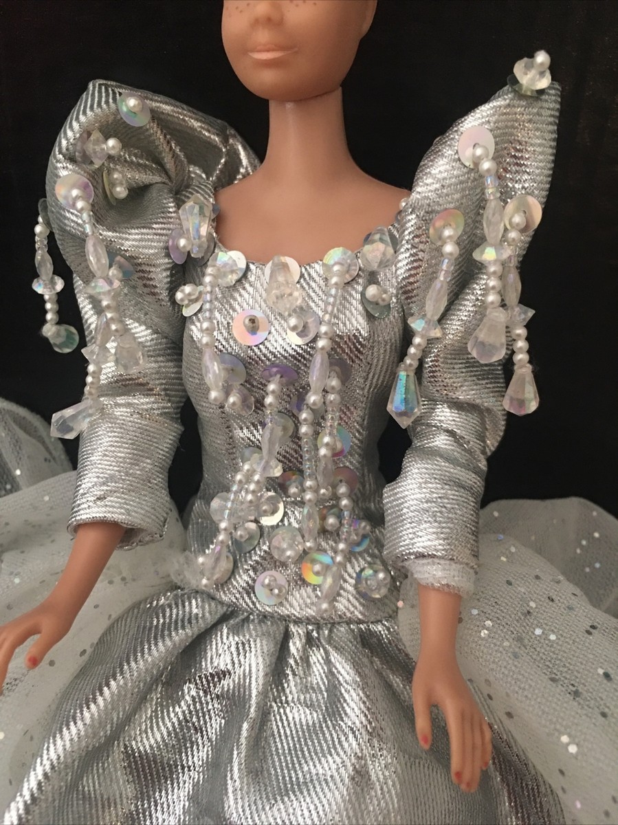 Vintage Barbie Silver Puffy Sleeve beaded Sequin Glitter silver
