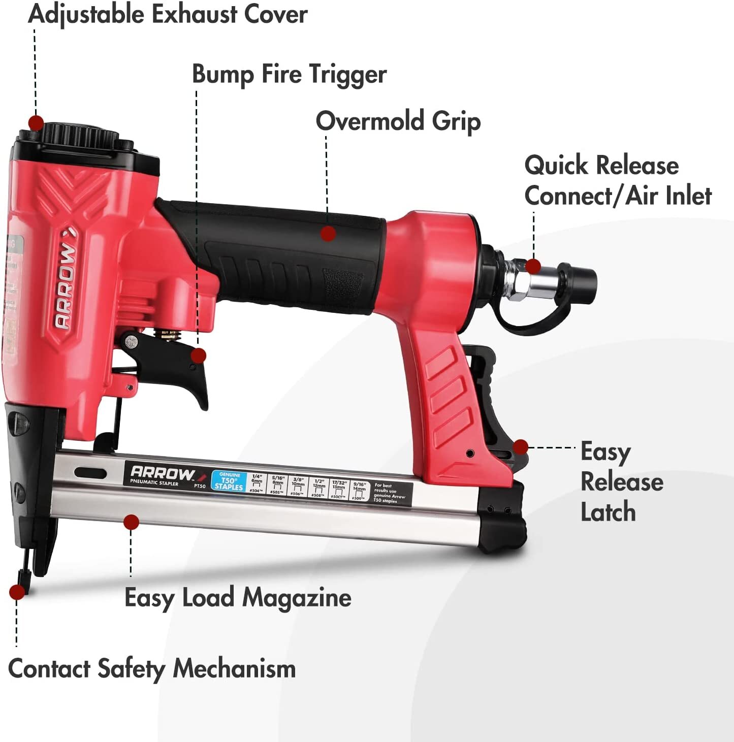 Arrow OilFree Pneumatic Staple Gun Upholstery Stapler T50 1/4" 3/8 1/2