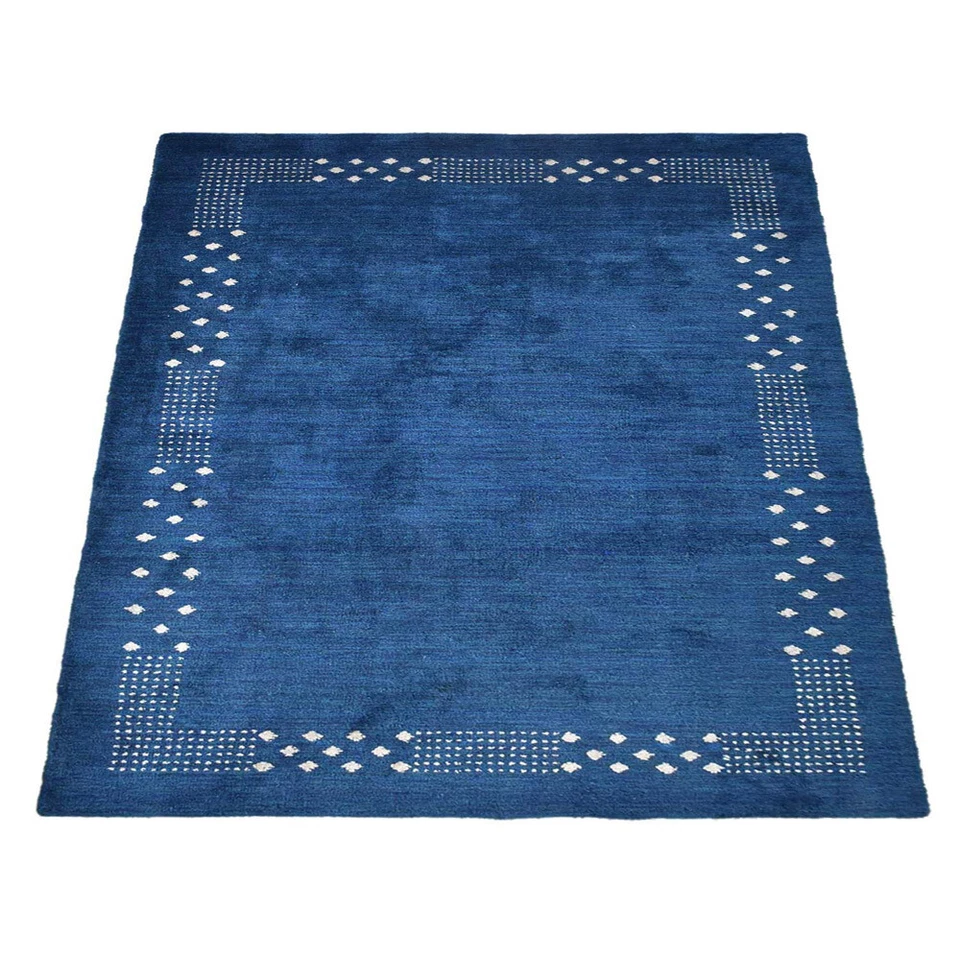 Alfombra ecológica anudada a mano telar mezcla de seda azul contemporáneo BBLSM530 Foto 2 de 4