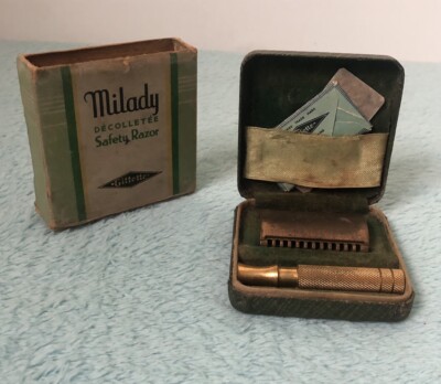 Vintage Gillette Milady Decollette Parisienne Gold Plated Safety Razor Set