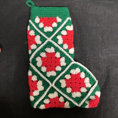 Vintage Hand Crocheted Red White Green Granny Square Christmas Stocking 14 