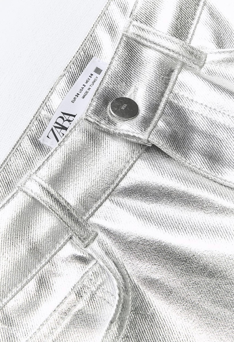 ZARA Z1975 STRAIGHT-CUT HIGH-WAIST METALLIC JEANS SILVER ZARA Z1975 STRAIGHT-CUT HIGH-WAIST METALLIC JEANS SILVER