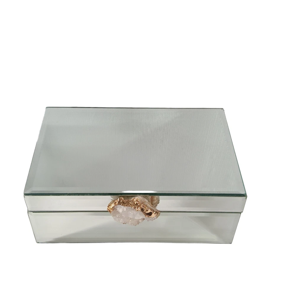 Mirrored Glass Hinged 8" Trinket Jewelry Box W/ Amethyst Geode Knob Gold Trim - Image 2 of 4