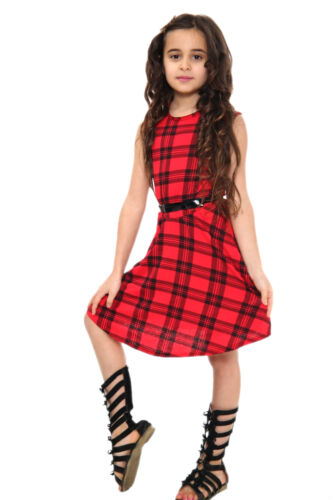 Girls Tartan Red Retro Vintage Skater Dress With Belt Age Size 5 7 9 11 13 Years - Picture 1 of 12