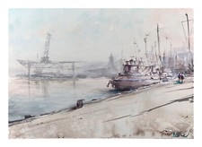 Original Aquarell Gemälde Malerei impressionistisch Wasser Boote Hafen