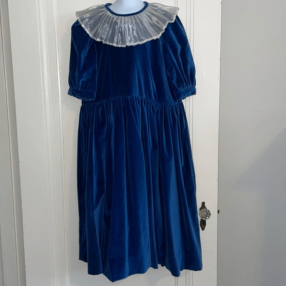 blue velvet pleated dress Strasburg Lace blue velvet party dress with white pleated ruff neckline