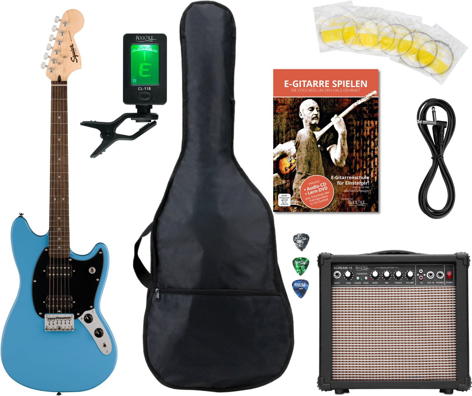 Стартовый набор Squier by Fender Sonic Mustang California Blue Zubehör Amp мощностью 15 Вт