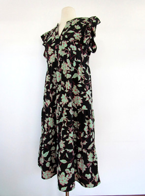 THML Midi Dress Flutter Sleeve Black Green Pink Floral Tiered w Pockets Size M