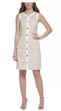 Tommy Hilfiger Women's Faux-Button-Front Sheath Dress Sz 12 White Tan Beige