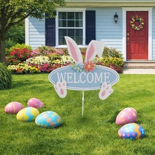 Easter Decorations Outdoor Metal Welcome Bunny Decorative Garden Stakes Easte...