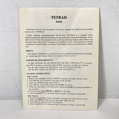 Tetrad Game Manual For Atari 400/800 Good Condition Vintage 1980 s