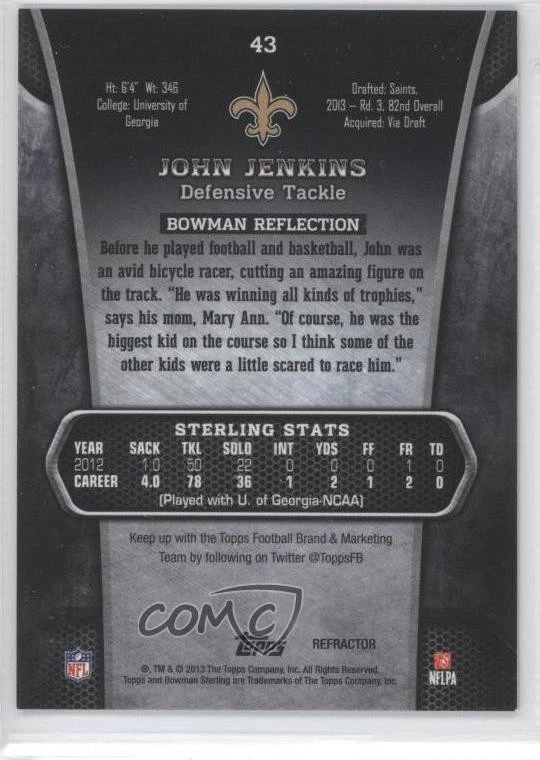 2013 Bowman Sterling Blue Refractor /99 John Jenkins #43 Rookie RC - Image 2 of 2