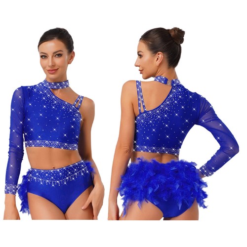 Women Sleeveless Lyrical Dance Outfit Ruched Shiny Crop Top Irregular Skirt - Picture 102 of 186