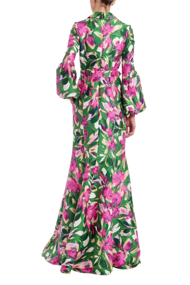 Badgley Mischka Verde Floral Manga Larga Sirena Camisa Vestido $915 Modesto Talla 2 Sin usar, en caja Foto 3 de 3