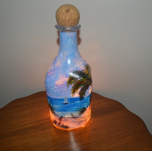 Patron Bottle Hand Painted Beach, Ocean, Sail Boat Lamp for Bar Decor