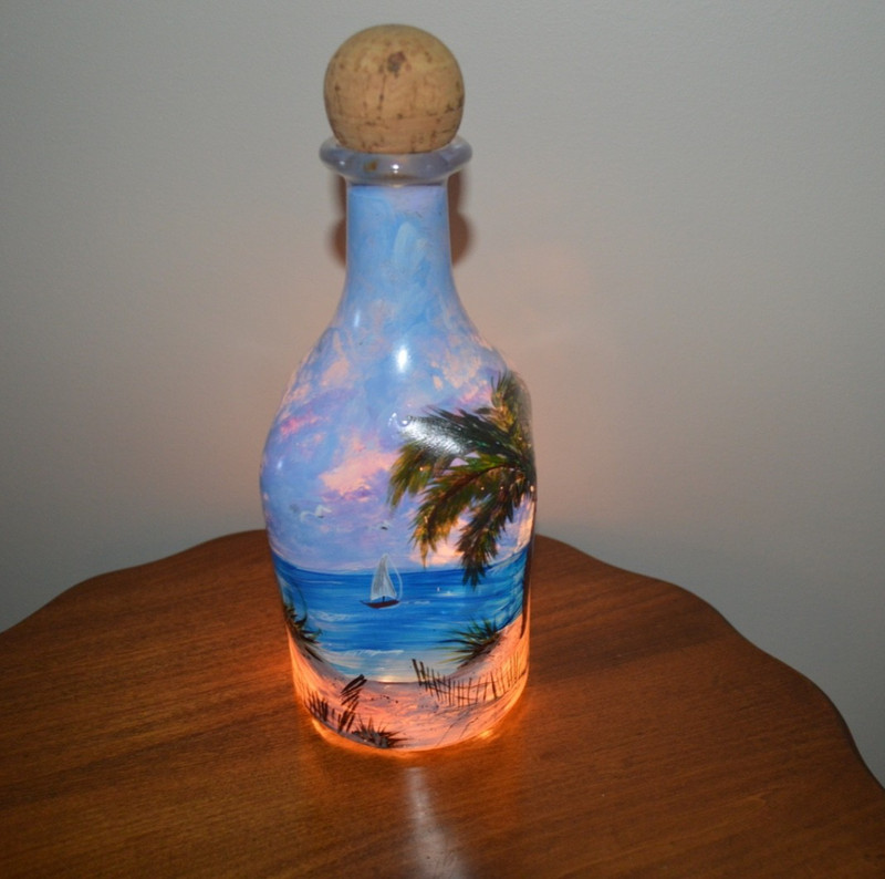Patron Bottle Hand Painted Beach, Ocean, Sail Boat Lamp for Bar Decor