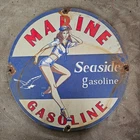 VINTAGE MARINE SEASIDE OLD US GASOLINE OIL GAS PUMP ENAMEL PORCELAIN SIGN
