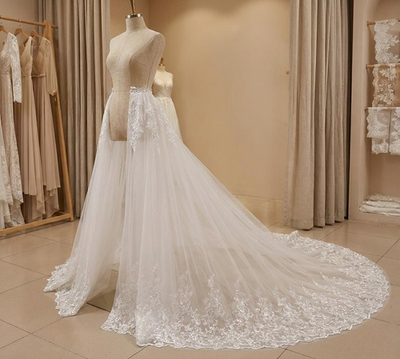 Elegant Wedding Detachable Train Lace Applique Bridal Removable Overskirt |  eBay
