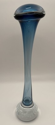 12  VTG Aseda Swedish Blue Art Glass Calla Lily Bud Vase Controlled Bubbles