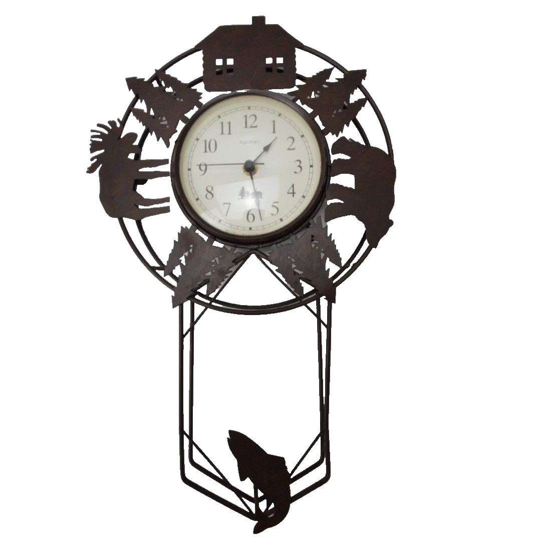 Ingraham Brown Metal Wall Clock Cabin Lodge Bear Moose Fish Wildlife Decor