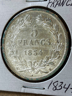 France 1834-B 5 Francs Silver Coin Louis Philippe I KM#720 0.9 Fine