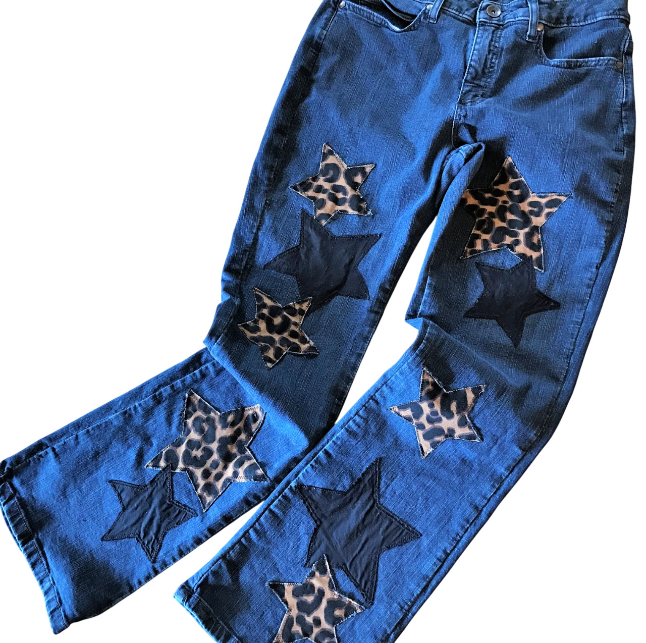 Upcycled Patchwork Jeans, Leopard Print Stars, Bo… - image 1