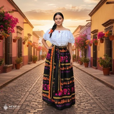 Traditional Mexican Floral Cambaya Dress Set   Handmade Three-Pieces S to XLarge