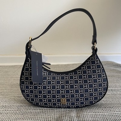 Tommy Hilfiger NWT Monogram Shoulder Bag Navy White Hobo Purse Handbag