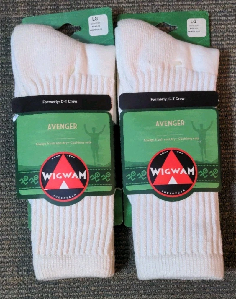 2 Pr Wigwam Unisex Size Large White Crew Socks Avenger Cushioned Sole New C-T