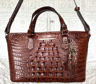 Brahmin Melbourne Pecan Mini Asher Satchel Convertible Purse w Gold Accents EUC