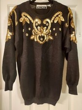 Vintage 90'S Dana Scott Black With Gold Sequin Long Sleeve Sweater Sz S