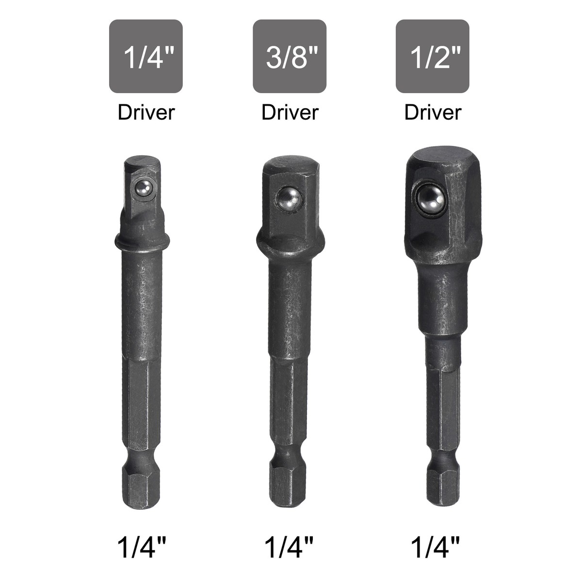 7-Piece Hex Shank Bit To Square Nut Driver Set - 1/4", 3/8", 1/2" Impact Adapters