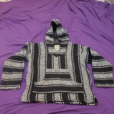 Baja Joe Mexican Baja Hoodie rug Poncho Style Pullover size XS Black white Aztec