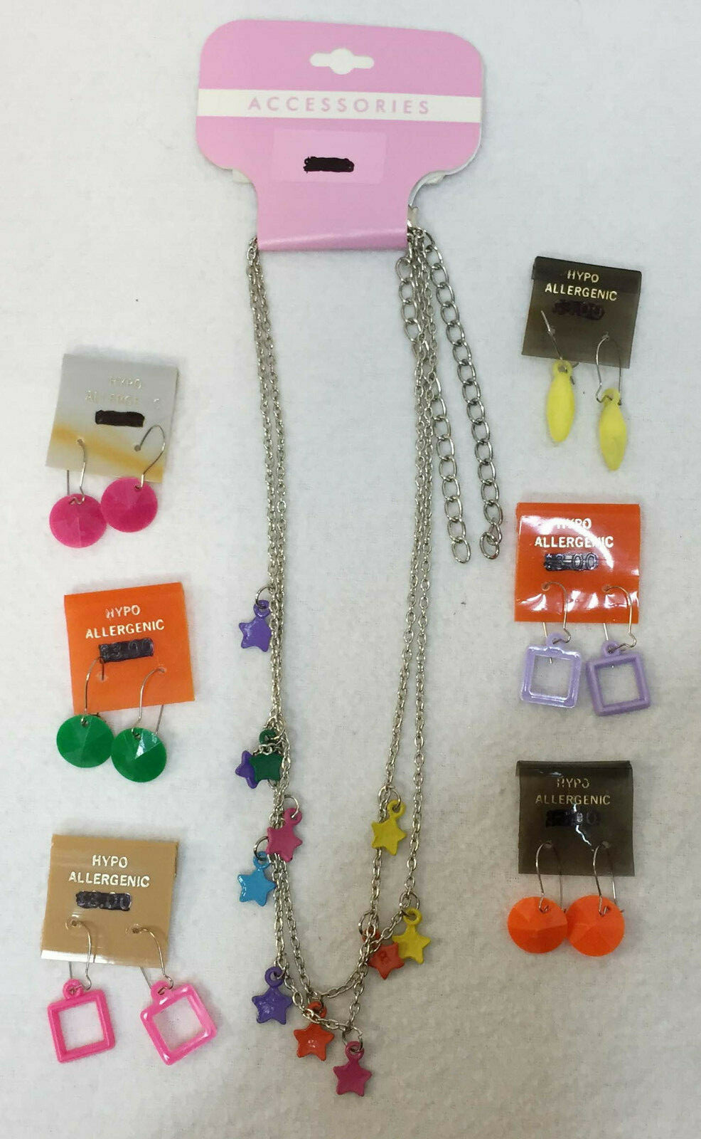 Multicolored Star Necklace with 19-Inch Silvertone Chain and Matching Square Circle Earrings-image