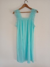 VTG Women's Bright Teal Blue Lace Trim Thick Straps Nylon Sheer Nightgown M USA