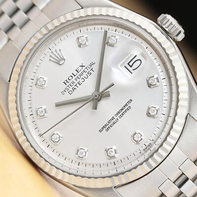 ROLEX MENS DATEJUST 1601 SILVER DIAMOND DIAL 18K GOLD STEEL WATCH w/ ROLEX BAND