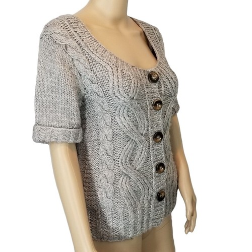 Kenji Cable Knit Sweater Gray Button Front Cuffed Wool Alpaca Medium - Picture 3 of 8