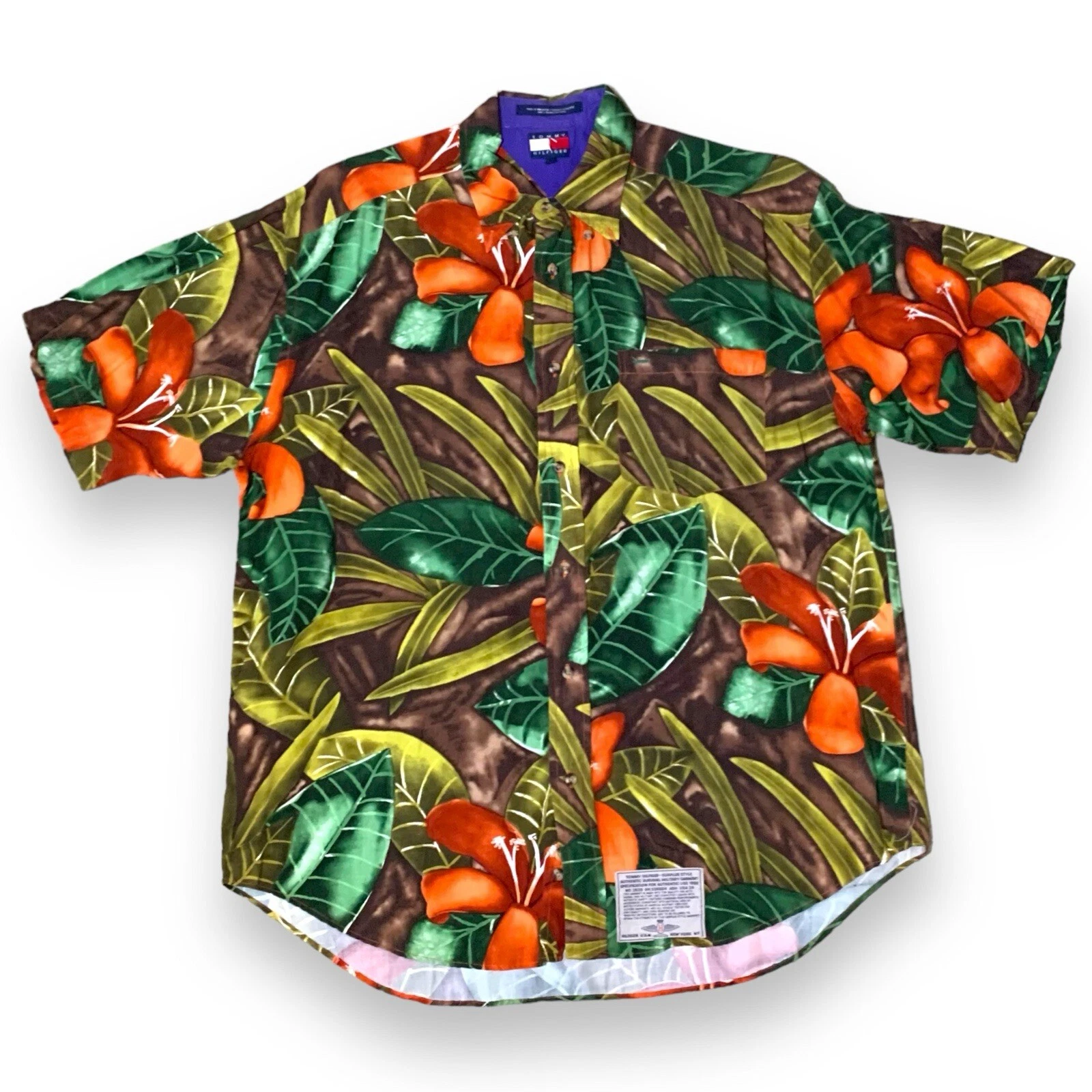 Tommy Hilfiger 90s Floral Hawaiian Rayon Button Down Shirt Men’s Size Large