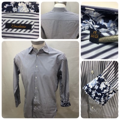Broletto Men's Sz15 32/33 Dress Shirt White/Blue Striped Spread Collar flip  cuff | eBay