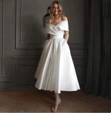 Satin Off the Shoulder Wedding Dress Pleat A Line Mid Calf Bridal Lace Up Dress