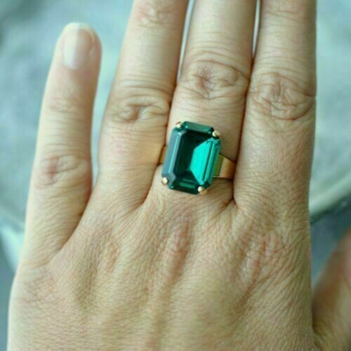 3Ct Green Emerald Simulated Engagement Ring in 14K Gold Plated Silver-image