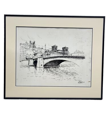 Ponte Santa Trinita Florence Italy Sketch  Artist Signed Art framed Matted