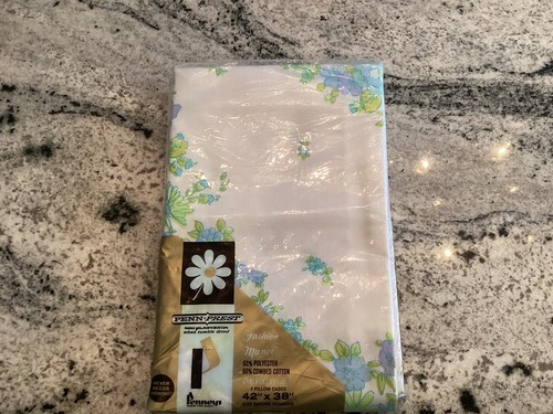 Vintage JC Penny Penn Prest Blue Floral Boho Pillow Cases NOS Sealed