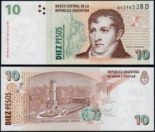 ARGENTINA 10 PESOS (P348) N. D. (1998-2003) PREFIX D UNC