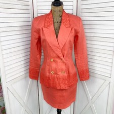 Vintage 90s Forwear New York Skirt Suit Women 6 Watermelon Coral Lace Trim Linen