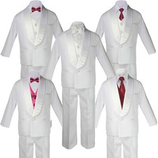 5-7pc Boys White Satin Shawl Lapel Suits Tuxedo Burgundy Satin Bow Necktie Vest