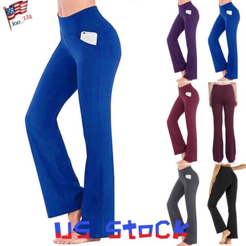 Womens High Waist Flared Pocket Trousers Bootcut Bottoms Stretch Yoga Long Pants
