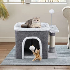 Cat Bed for Indoor Cats Cube House Covered Cat House with Fluffy Ball Hanging